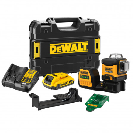 Dewalt akumuliatorinio žalio kryžminio lazerinio nivelyro rinkinys DCE089D1G18, 18 V, 1x2,0Ah, įkroviklis + lagaminas