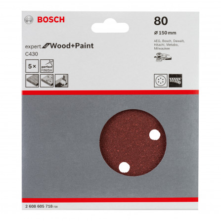 Bosch šlifavimo popierius C430, 150 mm, 80 grūdėtumas, 5 vnt.