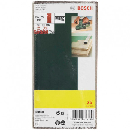 Bosch ekscentrinio šlifavimo popierių rinkinys, 93 x 185 mm, 40,60,80|120 grūdėtumas, 25 vnt.