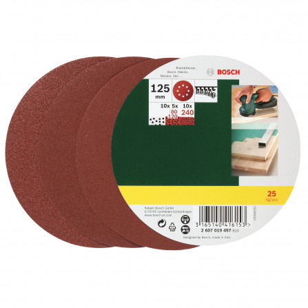 Bosch ekscentrinio šlifavimo popierių rinkinys, 125 mm, 80,120,240 grūdėtumas, 25 vnt.