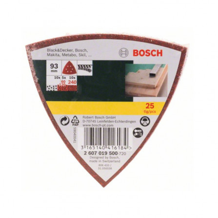 Bosch šlifavimo popierių rinkinys, 93 mm, 60,120,240 grūdėtumas, 25 vnt.