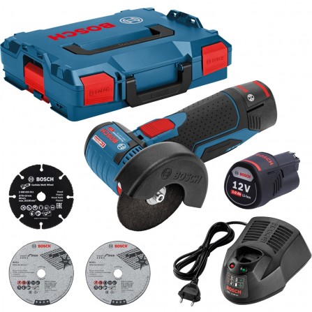 Akumuliatorinio kampinio šlifuoklio Bosch GWS 12V-76 rinkinys, 12 V, 2 x 3 Ah, įkroviklis, lagaminas + 3 diskai