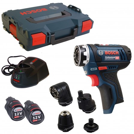Akumuliatorinio suktuvo Bosch GSR 12V-15 FC rinkinys, 12 V, 2 x 2 Ah, įkroviklis, lagaminas + 4 griebtuvai