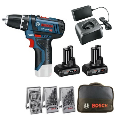 Akumuliatorinio suktuvo Bosch GSR 12V-15 (0615990HV1) rinkinys, 12 V, 2 x 4 Ah, įkroviklis, priedai + krepšys
