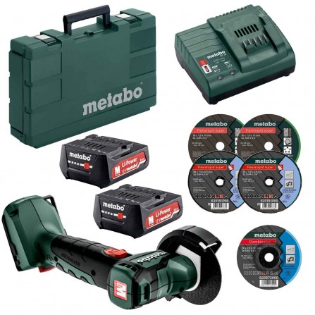 Akumuliatorinio kampinio šlifuoklio Metabo PowerMaxx CC 12 BL (600348500) rinkinys, 12 V, 2x2 Ah, įkroviklis, lagaminas + diskai