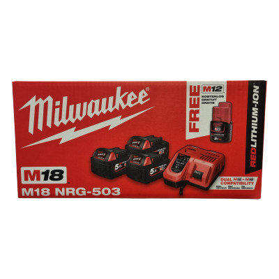 Akumuliatorių Milwaukee M18 B5, 3 x 5 Ah ir įkroviklio M12-18 FC rinkinys M18 NRG-503