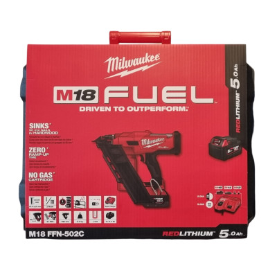Akumuliatorinės viniakalės Milwaukee M18 FFNS-502C rinkinys, 18 V, 2 x 5 Ah, įkroviklis + lagaminas
