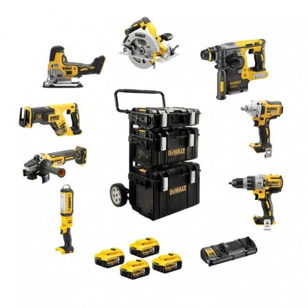 Dewalt akumuliatorinių įrankių rinkinys (DCK856P4-QW), 18 V, 4 x 5 Ah, dvigubas įkroviklis, 3 lagaminai + vežimėlis