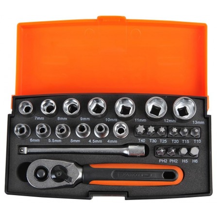 Galvučių, sukimo antgalių ir terkšlės rinkinys Bahco (SL25), 1/4", 25 vnt